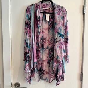 New Soft Surroundings Purple Blue Watercolor Floral Draped Cardigan Women's XS